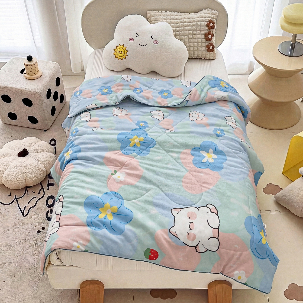 91家纺网 家纺一手货源 找家纺 春妮家纺 2026新款卡通幼儿园全棉儿童夏被夏凉被空调被 心花怒放