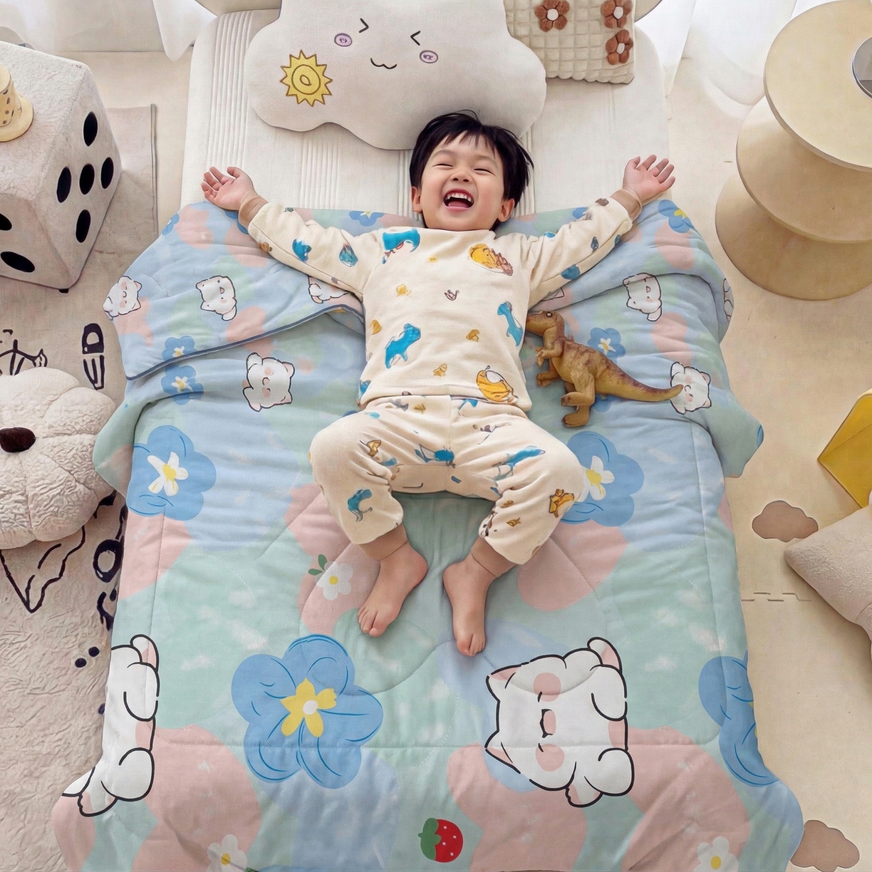 91家纺网 家纺一手货源 找家纺 春妮家纺 2026新款卡通幼儿园全棉儿童夏被夏凉被空调被 心花怒放