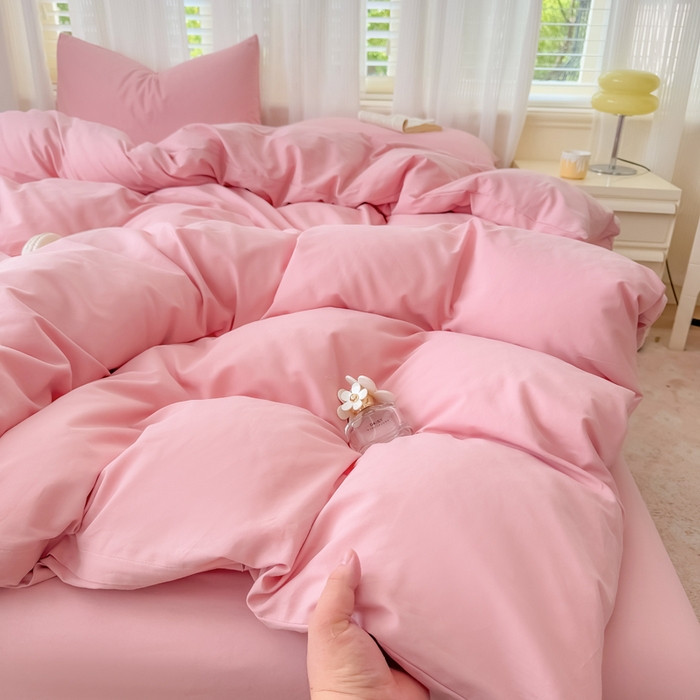 91家纺网 家纺一手货源 找家纺 疆东 2026高端100%新疆长绒棉100支纯棉全棉磨毛四件套纯色双拼全棉纯棉磨毛四件套单被套床单床笠单品 M粉色