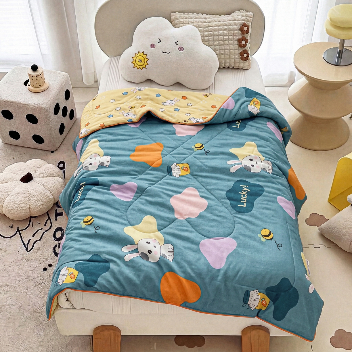 91家纺网 家纺一手货源 找家纺 春妮家纺 2026新款卡通幼儿园全棉儿童夏被夏凉被空调被 兔子甜甜