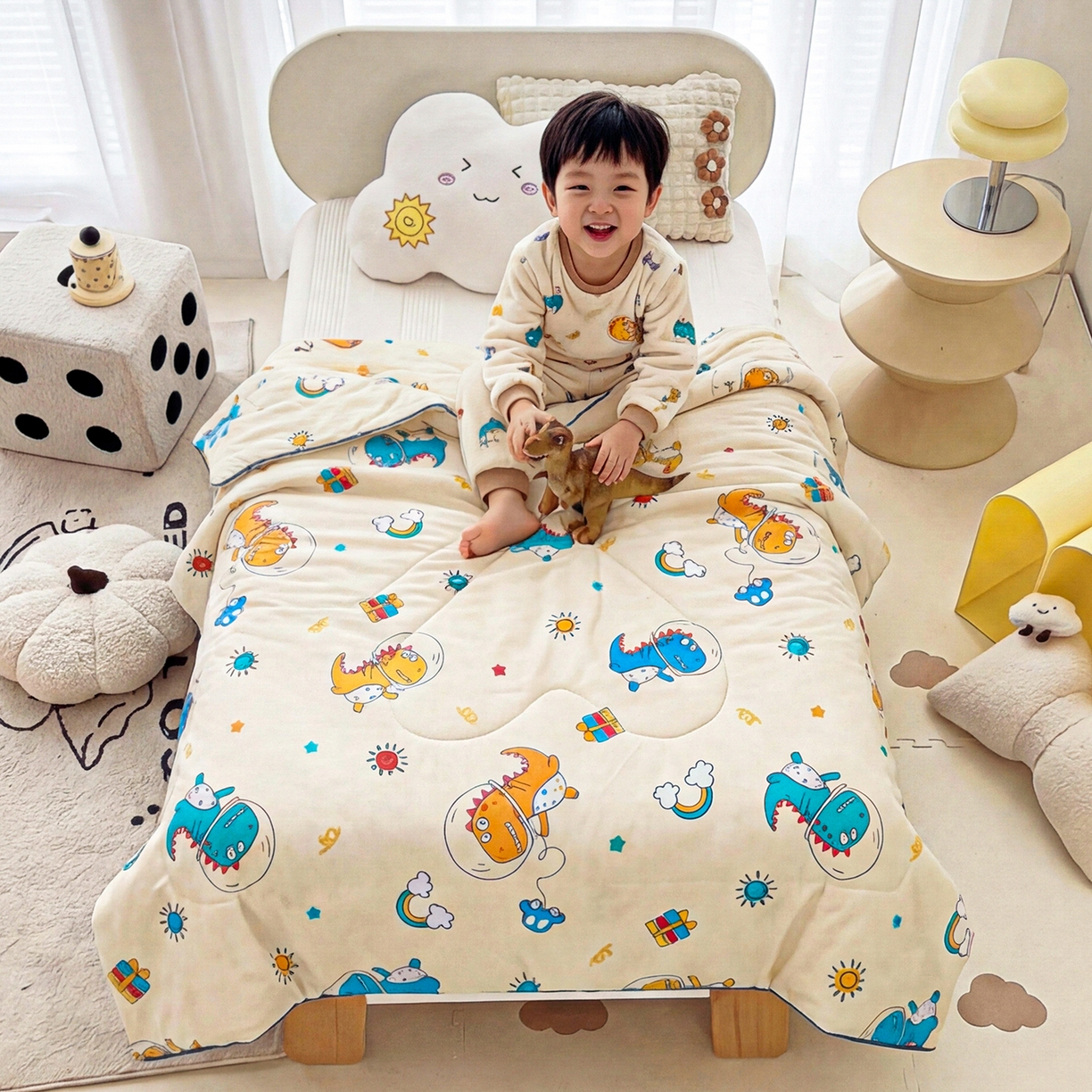 91家纺网 家纺一手货源 找家纺 春妮家纺 2026新款卡通幼儿园全棉儿童夏被夏凉被空调被 恐龙假日