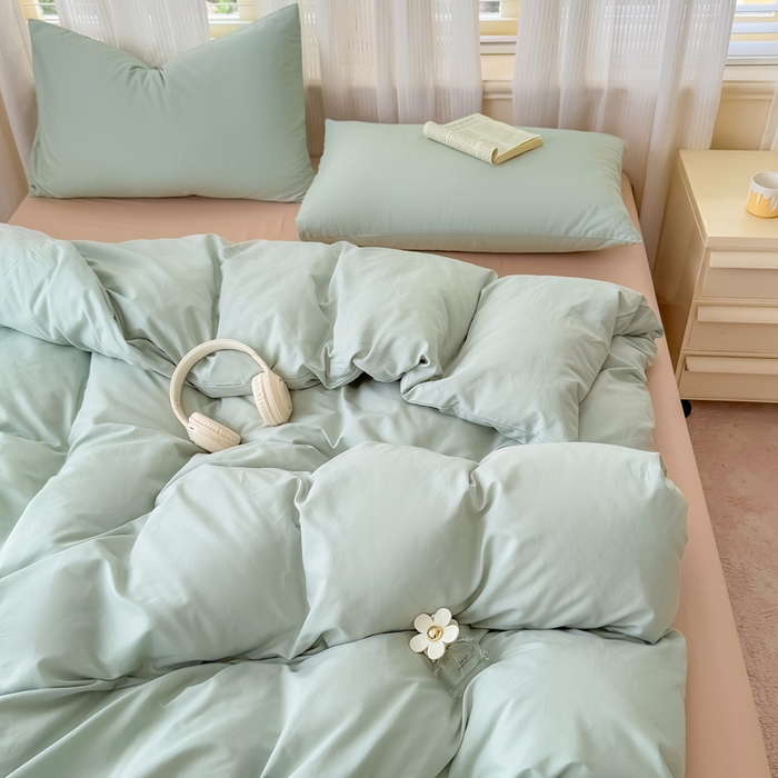 91家纺网 家纺一手货源 找家纺 疆东 2026高端100%新疆长绒棉100支纯棉全棉磨毛四件套纯色双拼全棉纯棉磨毛四件套单被套床单床笠单品 M水绿+M卡其