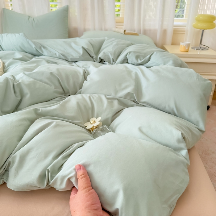 91家纺网 家纺一手货源 找家纺 疆东 2026高端100%新疆长绒棉100支纯棉全棉磨毛四件套纯色双拼全棉纯棉磨毛四件套单被套床单床笠单品 M水绿+M卡其