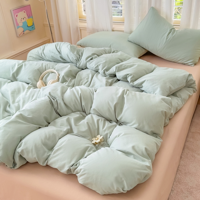 91家纺网 家纺一手货源 找家纺 疆东 2026高端100%新疆长绒棉100支纯棉全棉磨毛四件套纯色双拼全棉纯棉磨毛四件套单被套床单床笠单品 M水绿+M卡其