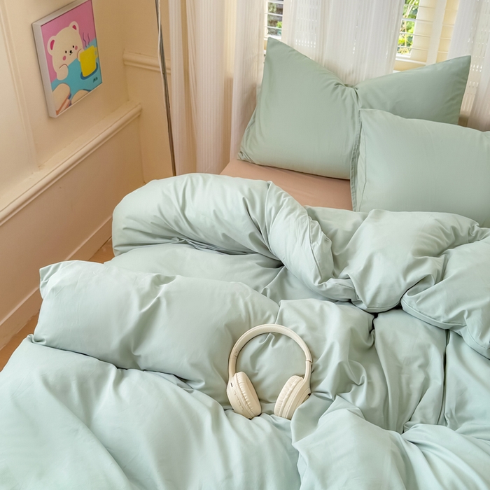 91家纺网 家纺一手货源 找家纺 疆东 2026高端100%新疆长绒棉100支纯棉全棉磨毛四件套纯色双拼全棉纯棉磨毛四件套单被套床单床笠单品 M水绿+M卡其