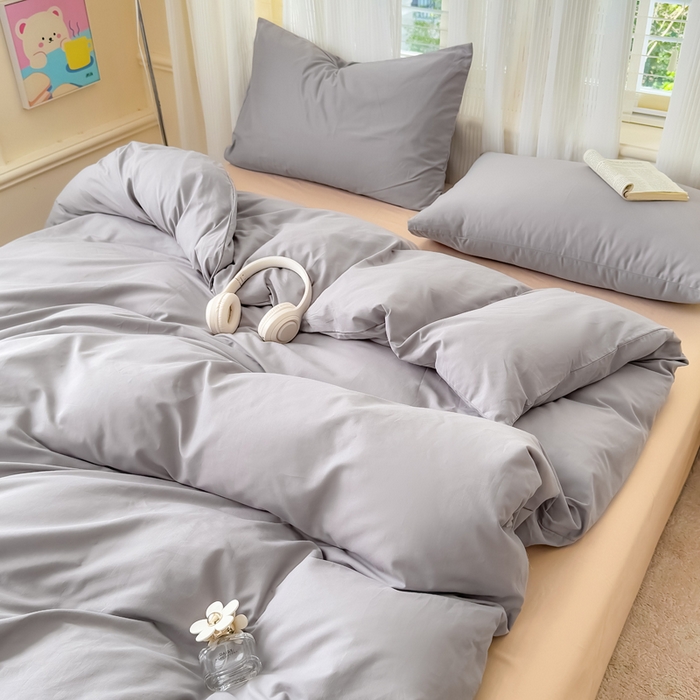 疆东 2026高端100%新疆长绒棉100支纯棉全棉磨毛四件套纯色双拼全棉纯棉磨毛四件套单被套床单床笠单品 M灰色+M卡其