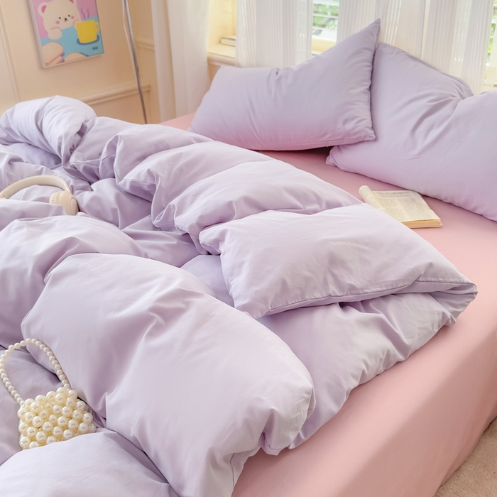 疆东 2026高端100%新疆长绒棉100支纯棉全棉磨毛四件套纯色双拼全棉纯棉磨毛四件套单被套床单床笠单品 M紫色+M粉色
