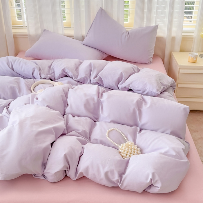 91家纺网 家纺一手货源 找家纺 疆东 2026高端100%新疆长绒棉100支纯棉全棉磨毛四件套纯色双拼全棉纯棉磨毛四件套单被套床单床笠单品 M紫色+M粉色