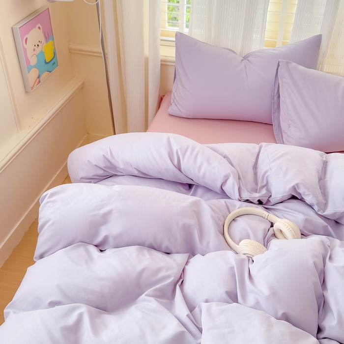 91家纺网 家纺一手货源 找家纺 疆东 2026高端100%新疆长绒棉100支纯棉全棉磨毛四件套纯色双拼全棉纯棉磨毛四件套单被套床单床笠单品 M紫色+M粉色
