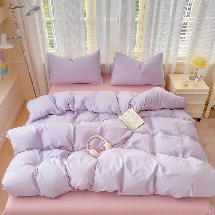 91家纺网 家纺一手货源 找家纺 疆东 2026高端100%新疆长绒棉100支纯棉全棉磨毛四件套纯色双拼全棉纯棉磨毛四件套单被套床单床笠单品 M紫色+M粉色