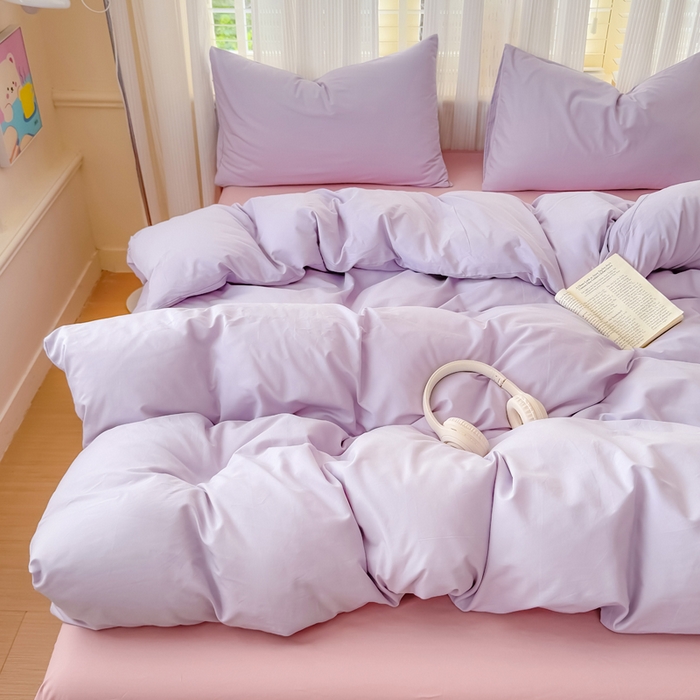 91家纺网 家纺一手货源 找家纺 疆东 2026高端100%新疆长绒棉100支纯棉全棉磨毛四件套纯色双拼全棉纯棉磨毛四件套单被套床单床笠单品 M紫色+M粉色