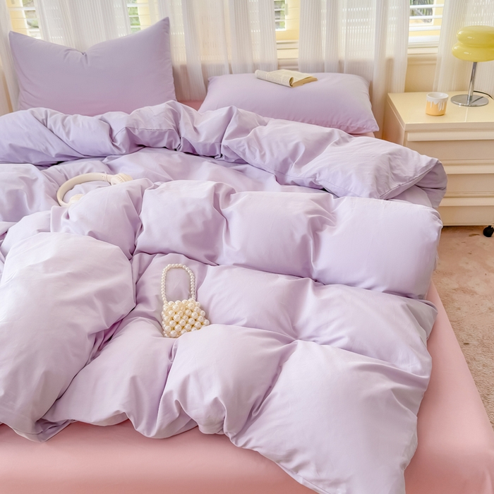 91家纺网 家纺一手货源 找家纺 疆东 2026高端100%新疆长绒棉100支纯棉全棉磨毛四件套纯色双拼全棉纯棉磨毛四件套单被套床单床笠单品 M紫色+M粉色