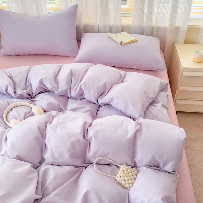 91家纺网 家纺一手货源 找家纺 疆东 2026高端100%新疆长绒棉100支纯棉全棉磨毛四件套纯色双拼全棉纯棉磨毛四件套单被套床单床笠单品 M紫色+M粉色