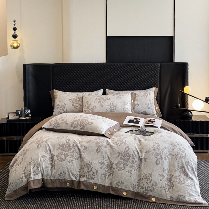 91家纺网 家纺一手货源 找家纺 晚爱家纺（原晚安家居） 2026新款加厚双层纱原麻纽扣款四件套 古堡花园咖