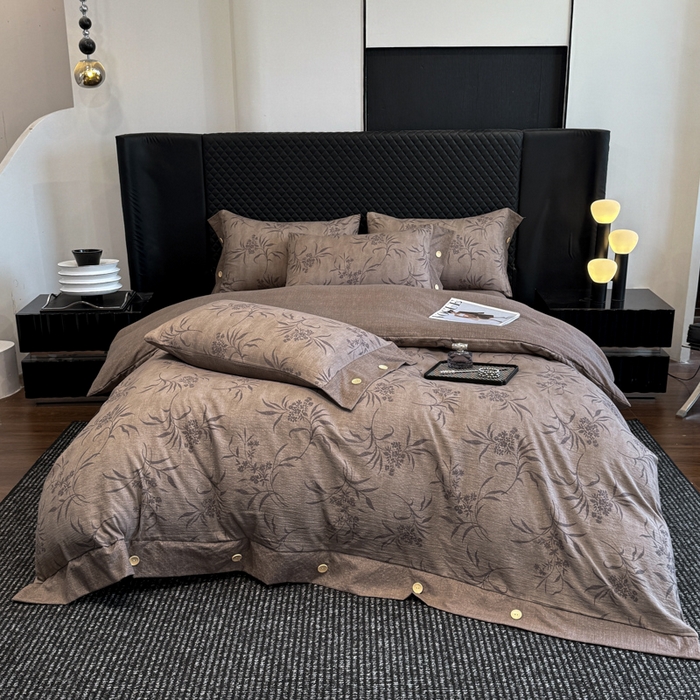 91家纺网 家纺一手货源 找家纺 晚爱家纺（原晚安家居） 2026新款加厚双层纱原麻纽扣款四件套 深秋咖