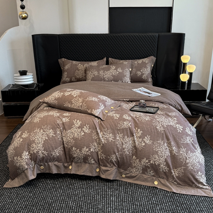 91家纺网 家纺一手货源 找家纺 晚爱家纺（原晚安家居） 2026新款加厚双层纱原麻纽扣款四件套 田园咖