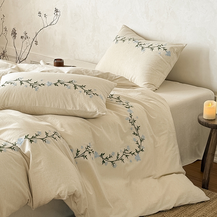 91家纺网 家纺一手货源 找家纺 双拼全棉水洗棉纯棉四件套ins简约北欧纯色床笠款套件