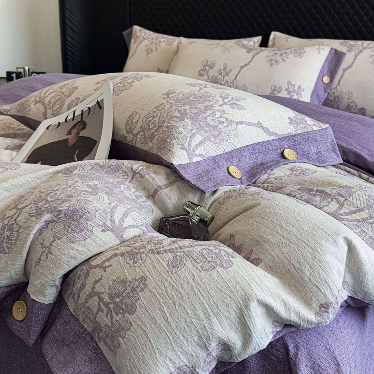 91家纺网 家纺一手货源 找家纺 晚爱家纺（原晚安家居） 2026新款加厚双层纱原麻纽扣款四件套 紫嫣