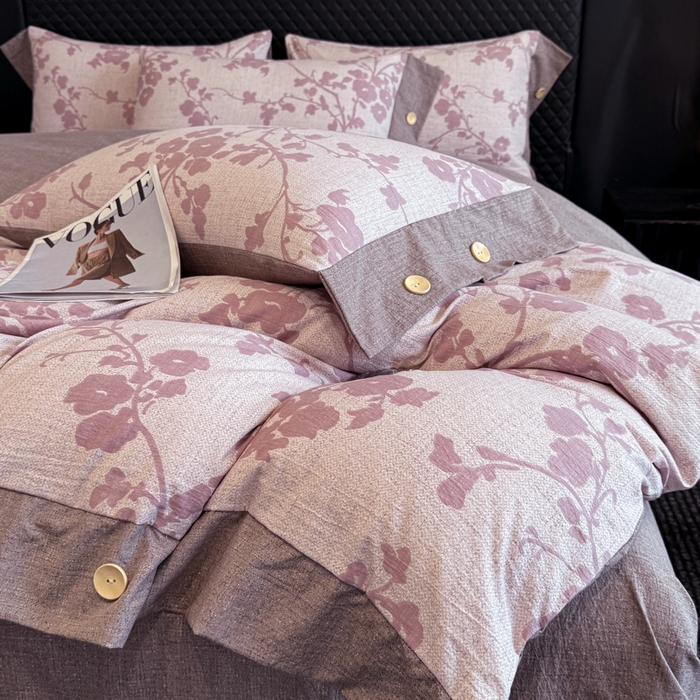 91家纺网 家纺一手货源 找家纺 晚爱家纺（原晚安家居） 2026新款加厚双层纱原麻纽扣款四件套 繁花粉