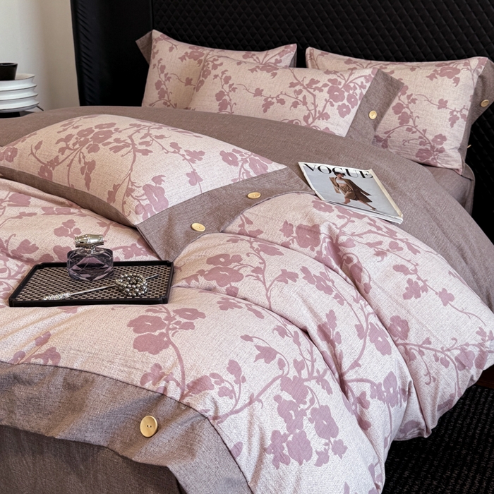 91家纺网 家纺一手货源 找家纺 晚爱家纺（原晚安家居） 2026新款加厚双层纱原麻纽扣款四件套 繁花粉