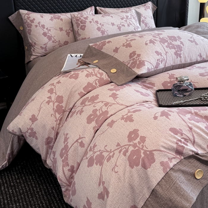 91家纺网 家纺一手货源 找家纺 晚爱家纺（原晚安家居） 2026新款加厚双层纱原麻纽扣款四件套 繁花粉