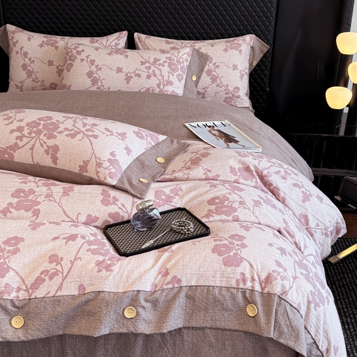 91家纺网 家纺一手货源 找家纺 晚爱家纺（原晚安家居） 2026新款加厚双层纱原麻纽扣款四件套 繁花粉