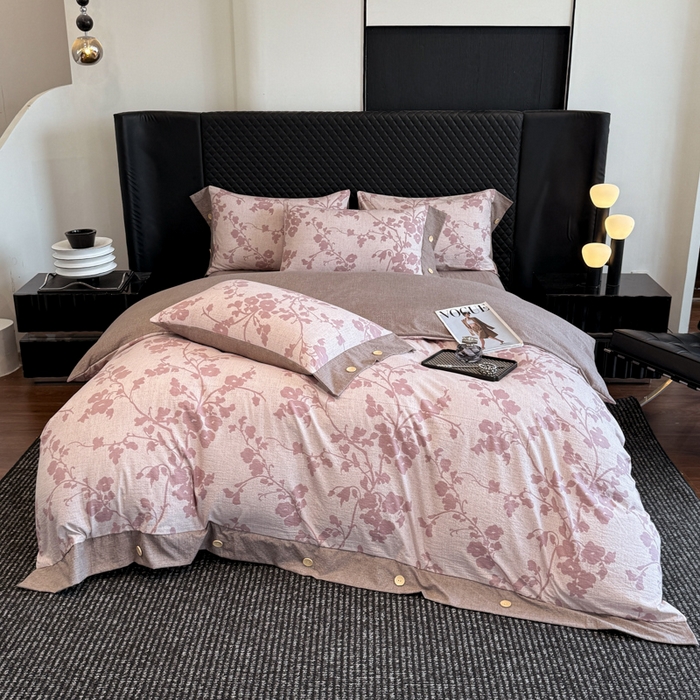 晚爱家纺（原晚安家居） 2026新款加厚双层纱原麻纽扣款四件套 繁花粉