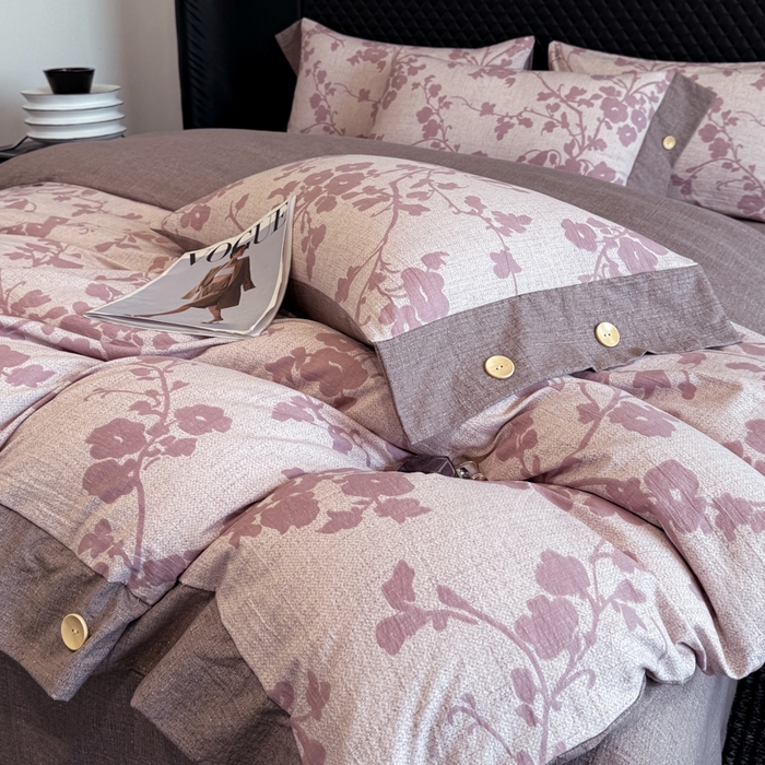 91家纺网 家纺一手货源 找家纺 晚爱家纺（原晚安家居） 2026新款加厚双层纱原麻纽扣款四件套 繁花粉