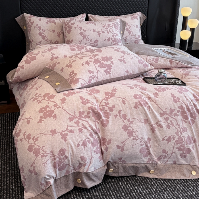 91家纺网 家纺一手货源 找家纺 晚爱家纺（原晚安家居） 2026新款加厚双层纱原麻纽扣款四件套 繁花粉