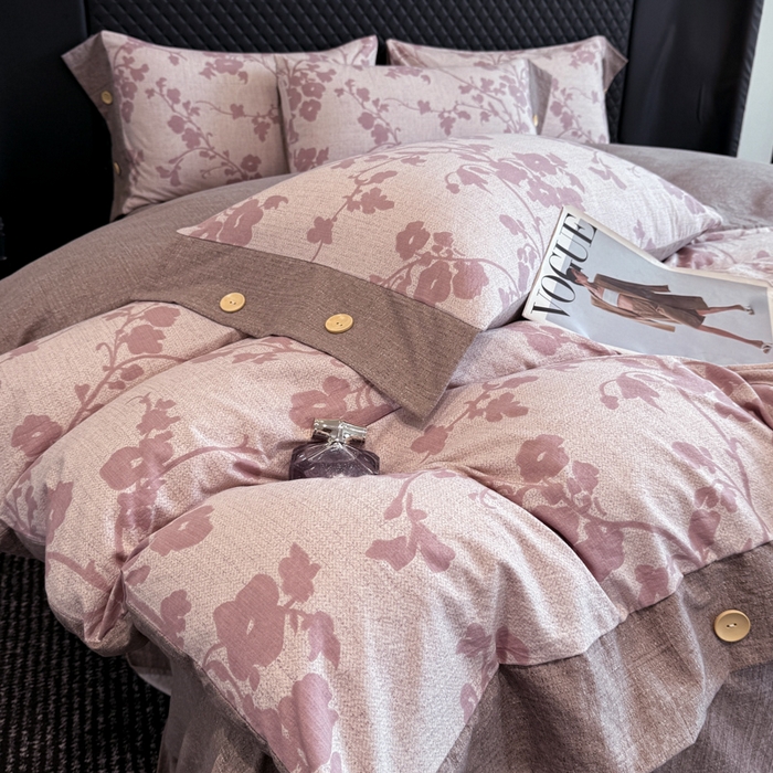 91家纺网 家纺一手货源 找家纺 晚爱家纺（原晚安家居） 2026新款加厚双层纱原麻纽扣款四件套 繁花粉