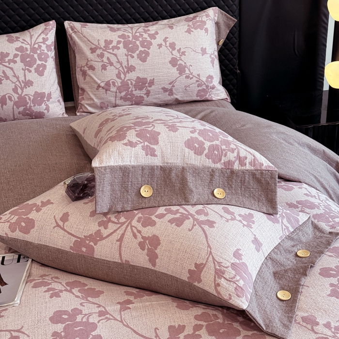 91家纺网 家纺一手货源 找家纺 晚爱家纺（原晚安家居） 2026新款加厚双层纱原麻纽扣款四件套 繁花粉