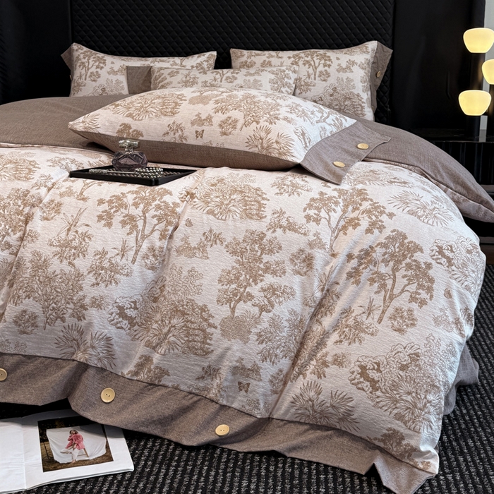 91家纺网 家纺一手货源 找家纺 晚爱家纺（原晚安家居） 2026新款加厚双层纱原麻纽扣款四件套 秋意浓