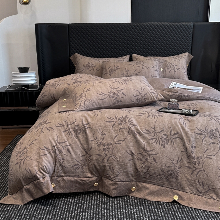 91家纺网 家纺一手货源 找家纺 晚爱家纺（原晚安家居） 2026新款加厚双层纱原麻纽扣款四件套 深秋咖