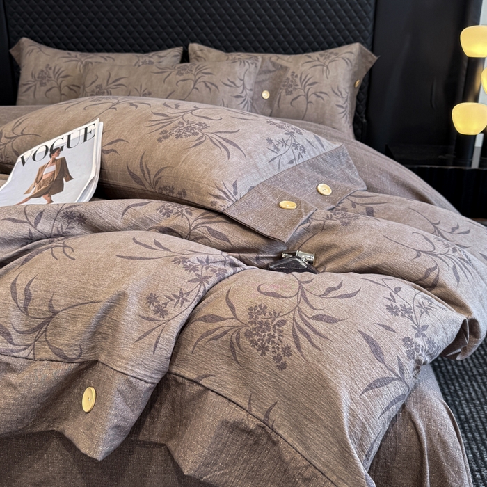 91家纺网 家纺一手货源 找家纺 晚爱家纺（原晚安家居） 2026新款加厚双层纱原麻纽扣款四件套 深秋咖