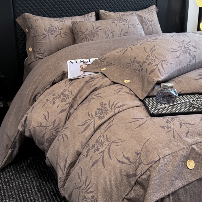 91家纺网 家纺一手货源 找家纺 晚爱家纺（原晚安家居） 2026新款加厚双层纱原麻纽扣款四件套 深秋咖