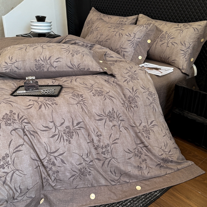 91家纺网 家纺一手货源 找家纺 晚爱家纺（原晚安家居） 2026新款加厚双层纱原麻纽扣款四件套 深秋咖