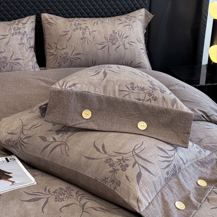 91家纺网 家纺一手货源 找家纺 晚爱家纺（原晚安家居） 2026新款加厚双层纱原麻纽扣款四件套 深秋咖