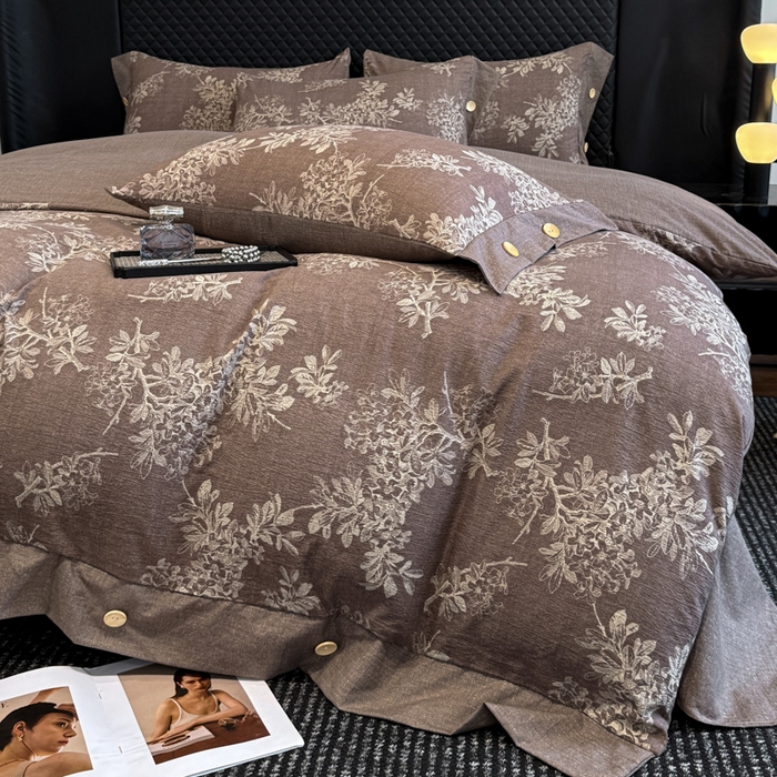 91家纺网 家纺一手货源 找家纺 晚爱家纺（原晚安家居） 2026新款加厚双层纱原麻纽扣款四件套 田园咖