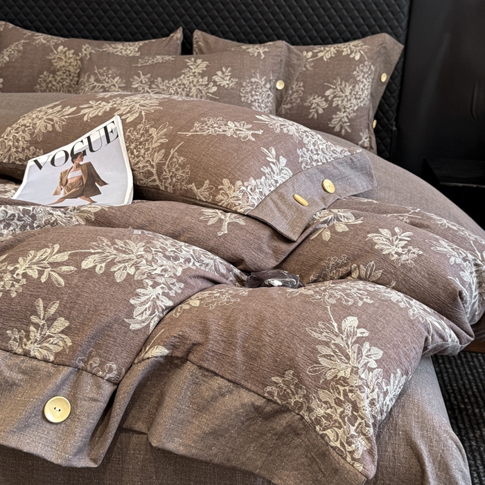 91家纺网 家纺一手货源 找家纺 晚爱家纺（原晚安家居） 2026新款加厚双层纱原麻纽扣款四件套 田园咖