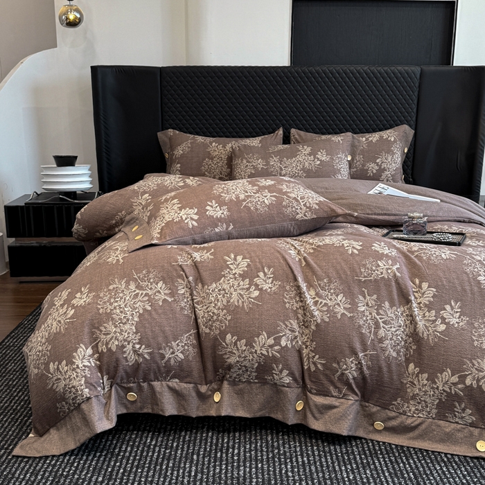 91家纺网 家纺一手货源 找家纺 晚爱家纺（原晚安家居） 2026新款加厚双层纱原麻纽扣款四件套 田园咖