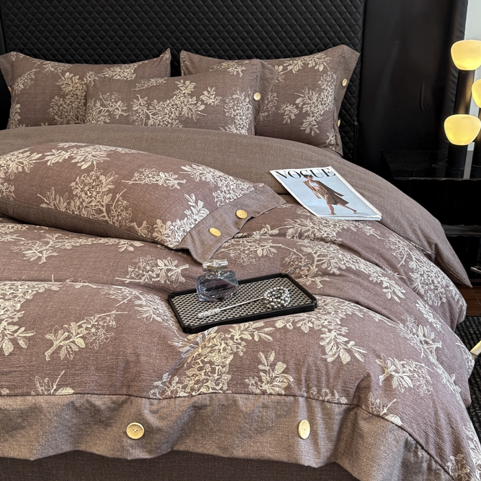91家纺网 家纺一手货源 找家纺 晚爱家纺（原晚安家居） 2026新款加厚双层纱原麻纽扣款四件套 田园咖
