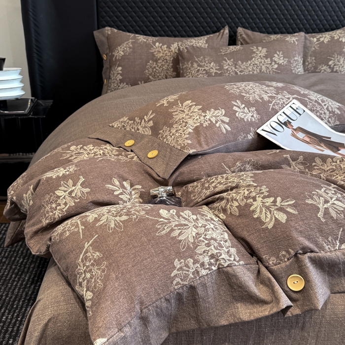 91家纺网 家纺一手货源 找家纺 晚爱家纺（原晚安家居） 2026新款加厚双层纱原麻纽扣款四件套 田园咖