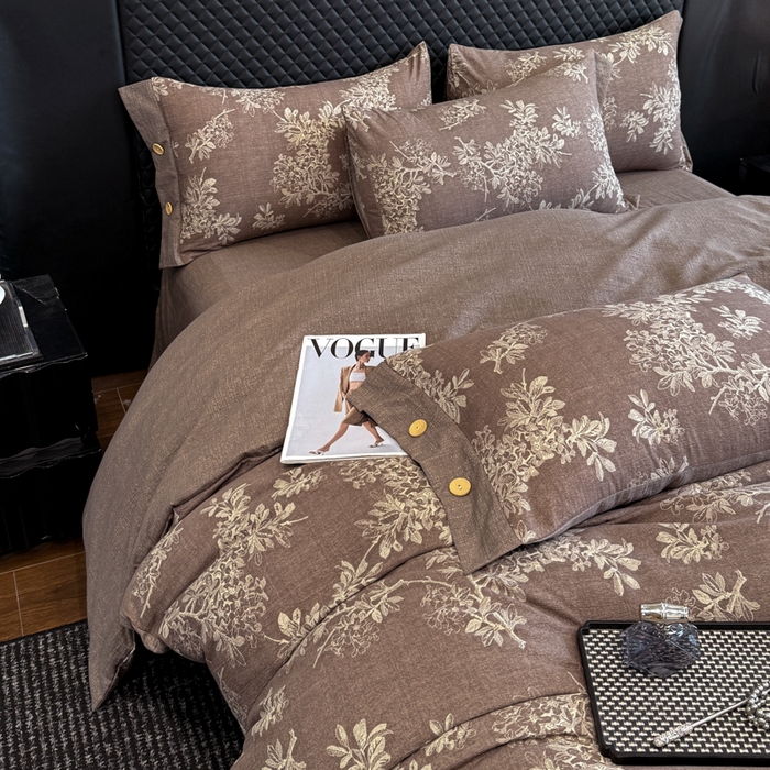 91家纺网 家纺一手货源 找家纺 晚爱家纺（原晚安家居） 2026新款加厚双层纱原麻纽扣款四件套 田园咖