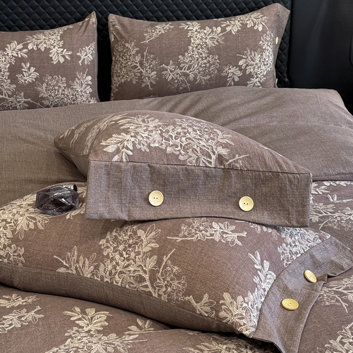 91家纺网 家纺一手货源 找家纺 晚爱家纺（原晚安家居） 2026新款加厚双层纱原麻纽扣款四件套 田园咖