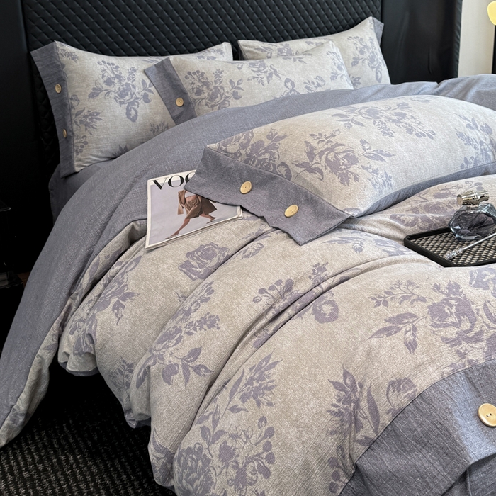 91家纺网 家纺一手货源 找家纺 晚爱家纺（原晚安家居） 2026新款加厚双层纱原麻纽扣款四件套 绽放