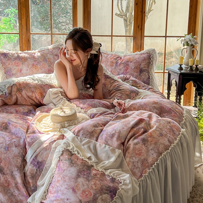 91家纺网 家纺一手货源 找家纺 （总）疆东 2026高端韩版法式公主复古油画风纯棉双层纱四件套赫本浪漫荷叶花边仙女全棉双层纱四件套床上用品被套