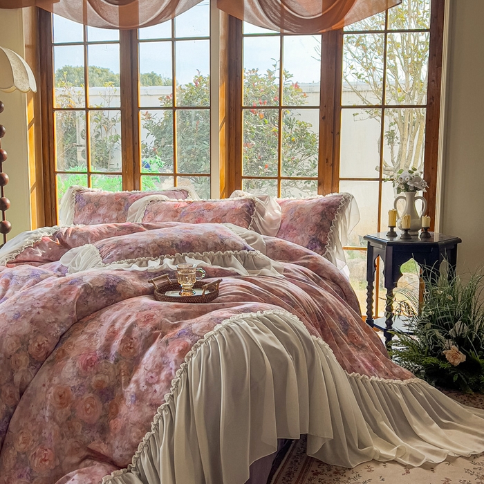 91家纺网 家纺一手货源 找家纺 （总）疆东 2026高端韩版法式公主复古油画风纯棉双层纱四件套赫本浪漫荷叶花边仙女全棉双层纱四件套床上用品被套