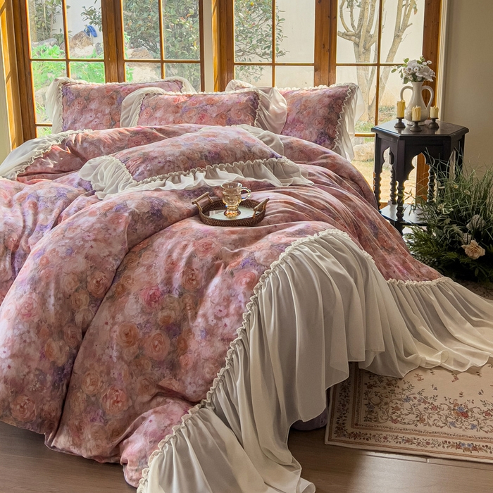 91家纺网 家纺一手货源 找家纺 疆东 2026高端韩版法式公主复古油画风纯棉双层纱四件套赫本浪漫荷叶花边仙女全棉双层纱四件套床上用品被套 普罗旺斯