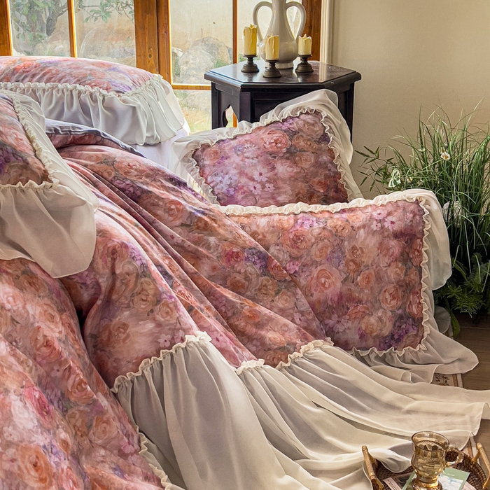 91家纺网 家纺一手货源 找家纺 疆东 2026高端韩版法式公主复古油画风纯棉双层纱四件套赫本浪漫荷叶花边仙女全棉双层纱四件套床上用品被套 普罗旺斯