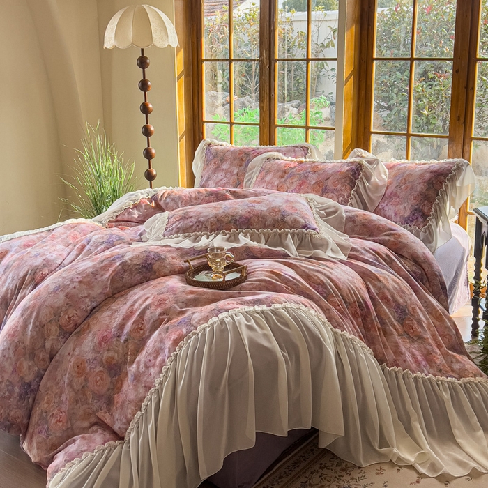 91家纺网 家纺一手货源 找家纺 疆东 2026高端韩版法式公主复古油画风纯棉双层纱四件套赫本浪漫荷叶花边仙女全棉双层纱四件套床上用品被套 普罗旺斯